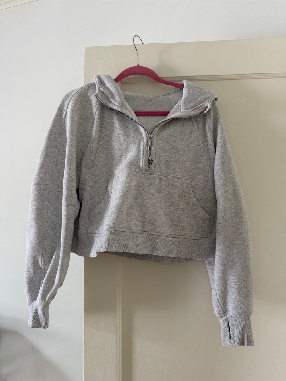 Lululemon Cropped Half Zip Scuba Pullover Hoodie in a heathered gray color